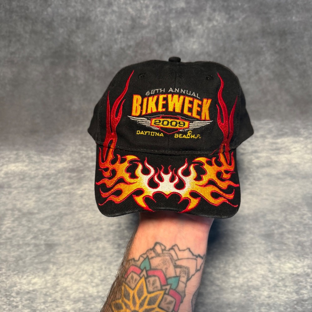 Daytona Beach Bike Week 2009 Hat Black Flame Embroidered Baseball Cap